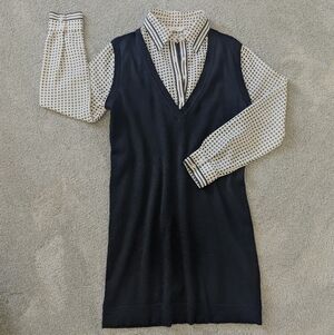 Black Sleeveless Sweater Dress with Polka Dot Shirt